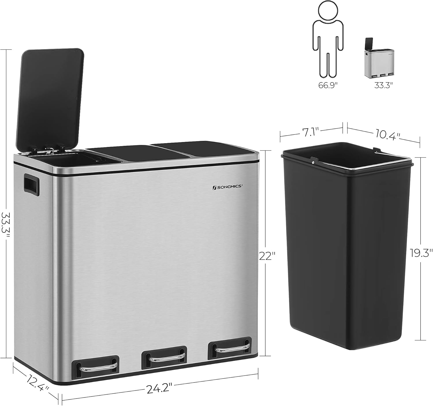 SONGMICS Recycling Bin Plastic Inner Buckets and Carry Handles Pedal ...